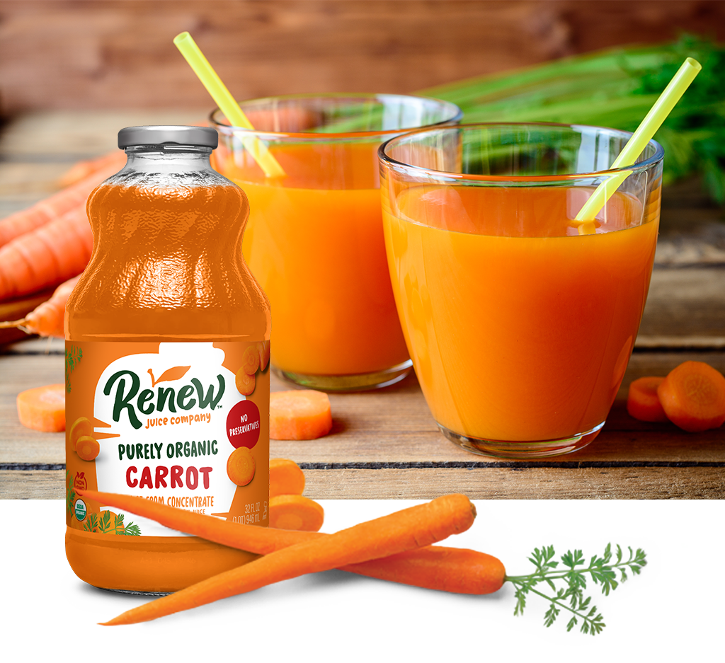 image of renew carrot juice with glasses of juice and raw carrots in background